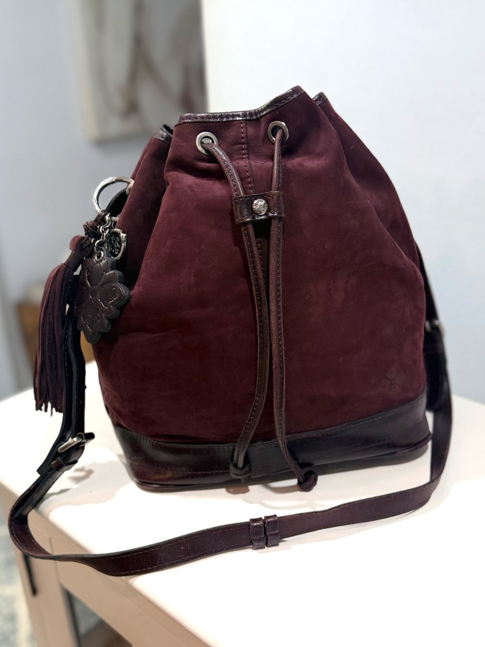 Patricia Nash Suede Leather Melrose Plum Bucket Cinched Crossbody Shoulder Bag